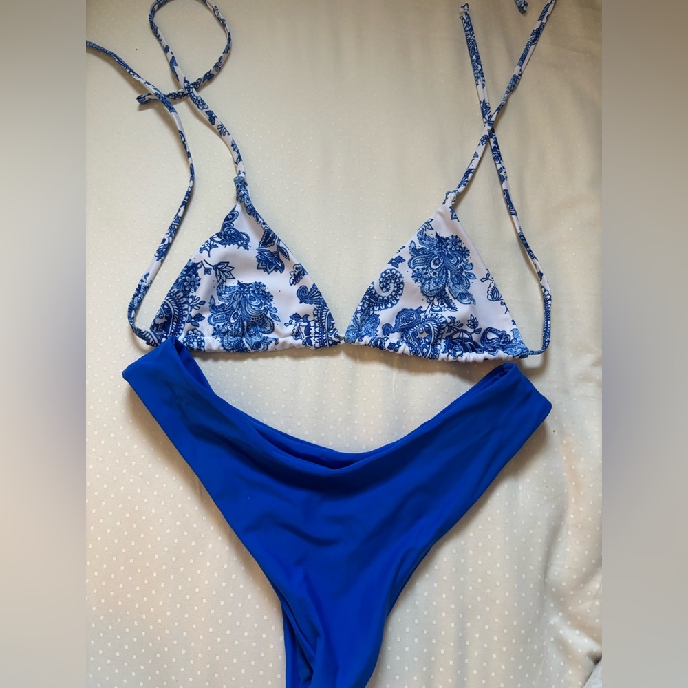 blue bikini set, thong bottom triangle top